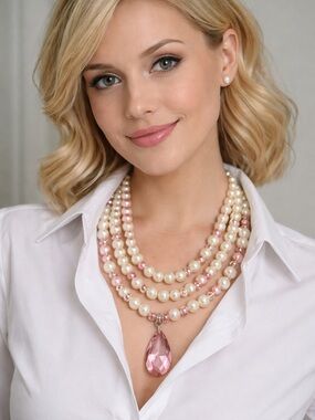 NEW ❤️❤️❤️Layered Pink and Cream Pearl Necklace with Pink Crystal Teardrop